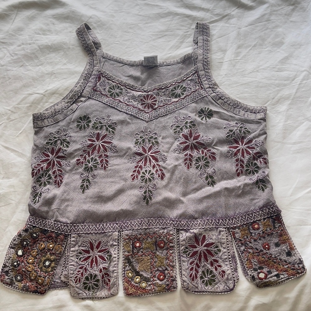 Purple embroidered tank top.